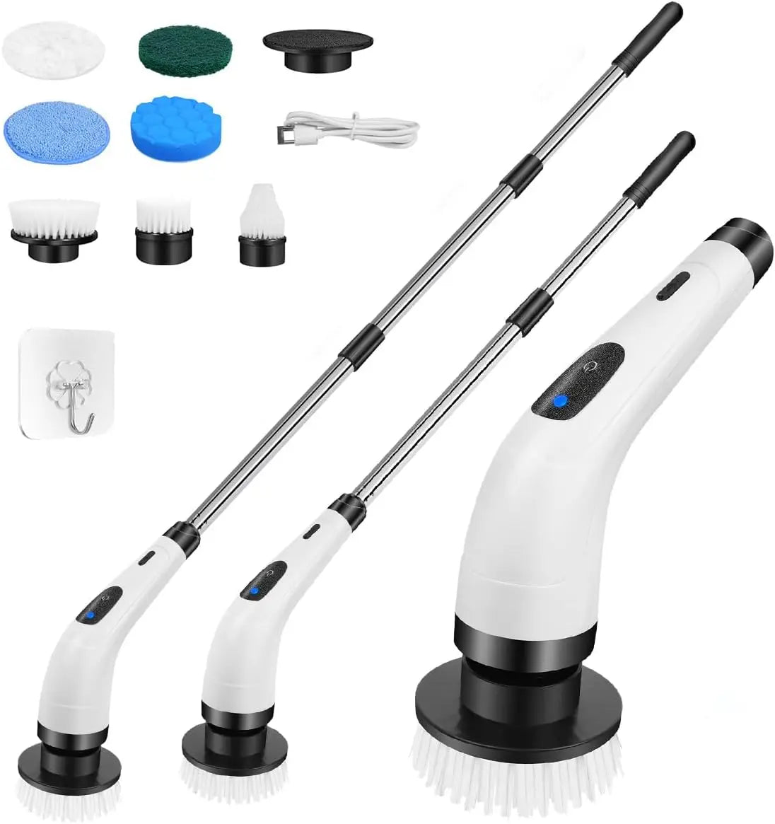 Electric Spin Scrubber, Waterproof Bathroom Cleaning Brush, Shower Scrubber with Long Handle & 2 Speed, Cordless Electric Cleaning Brush with7 Replaceable Brush Heads Black (USB Charging)