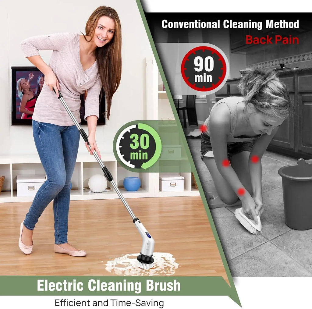 Electric Spin Scrubber, Waterproof Bathroom Cleaning Brush, Shower Scrubber with Long Handle & 2 Speed, Cordless Electric Cleaning Brush with7 Replaceable Brush Heads Black (USB Charging)