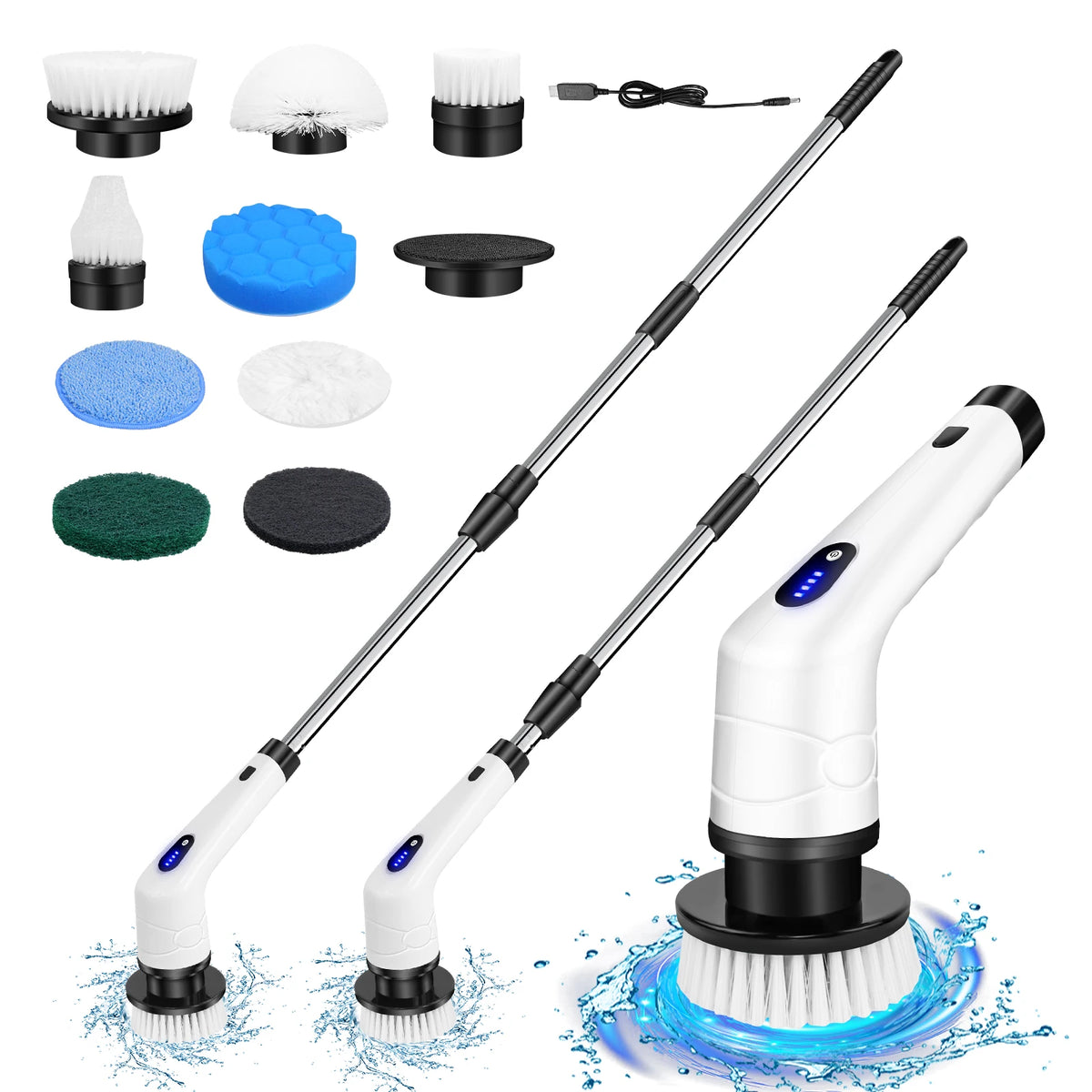 Electric Spin Scrubber, Waterproof Bathroom Cleaning Brush, Shower Scrubber with Long Handle & 2 Speed, Cordless Electric Cleaning Brush with7 Replaceable Brush Heads Black (USB Charging)