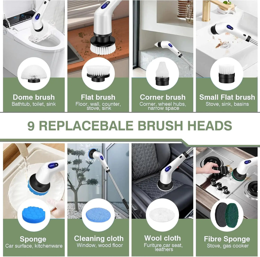 Electric Spin Scrubber, Waterproof Bathroom Cleaning Brush, Shower Scrubber with Long Handle & 2 Speed, Cordless Electric Cleaning Brush with7 Replaceable Brush Heads Black (USB Charging)