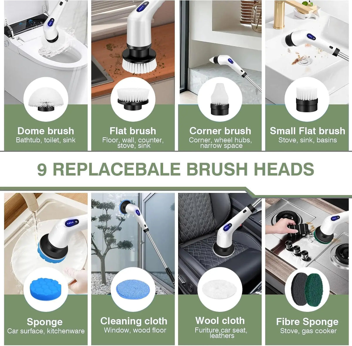 Electric Spin Scrubber, Waterproof Bathroom Cleaning Brush, Shower Scrubber with Long Handle & 2 Speed, Cordless Electric Cleaning Brush with7 Replaceable Brush Heads Black (USB Charging)