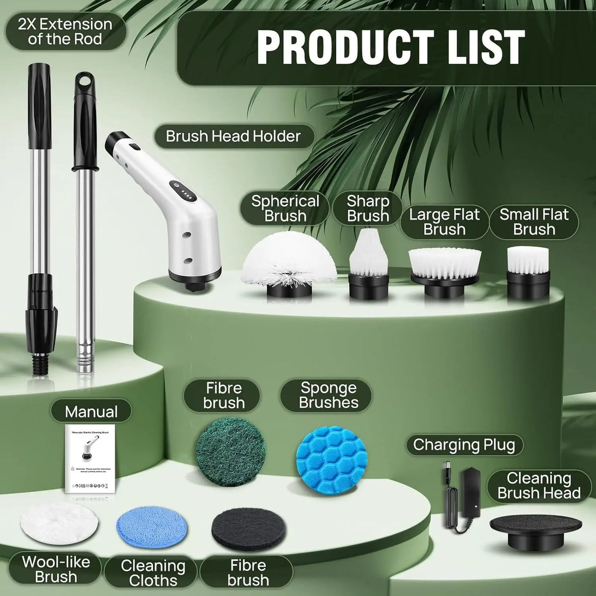 Electric Spin Scrubber, Waterproof Bathroom Cleaning Brush, Shower Scrubber with Long Handle & 2 Speed, Cordless Electric Cleaning Brush with7 Replaceable Brush Heads Black (USB Charging)